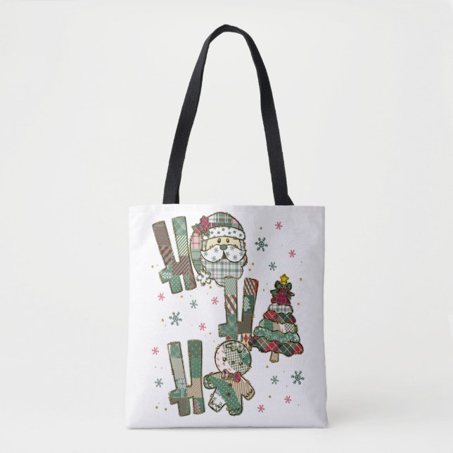 Ho Ho Ho Christmas Festive Patchwork Tote Bag (Front)