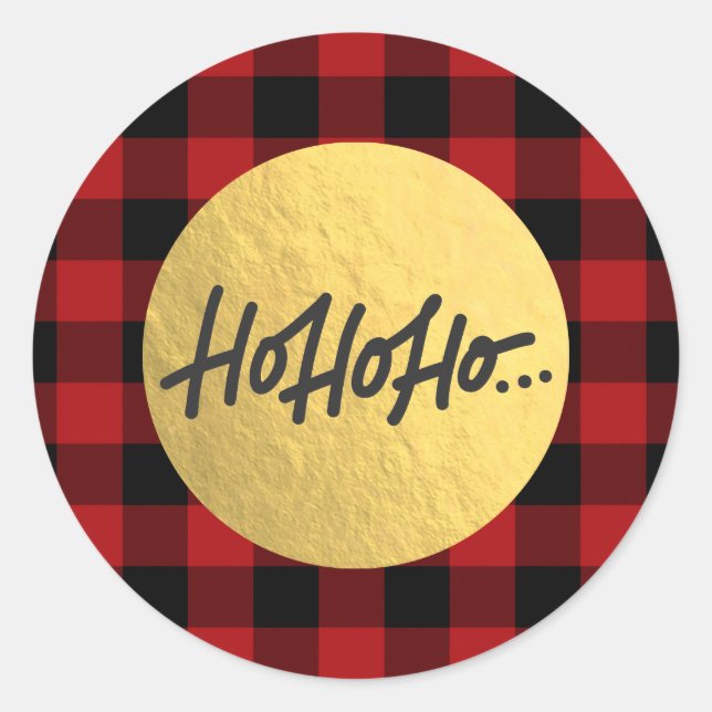 HO HO HO Christmas Holiday Buffalo Plaid Gold Foil Classic Round Sticker (Front)