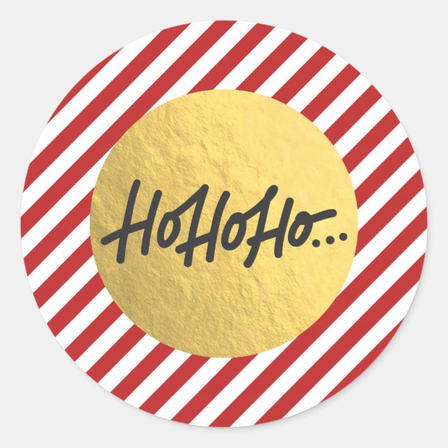 HO HO HO Christmas Holiday Red Stripes Gold Foil Classic Round Sticker (Front)
