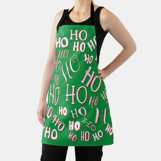 HO HO HO Christmas text pattern white green red Apron (Insitu)
