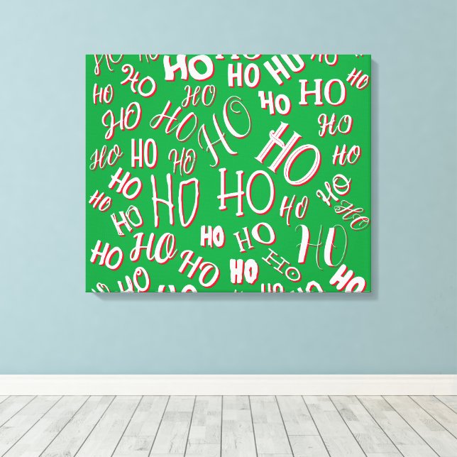 HO HO HO Christmas text pattern white green red Canvas Print (Insitu(Wood Floor))
