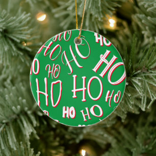 HO HO HO Christmas text pattern white green red Ceramic Tree Decoration