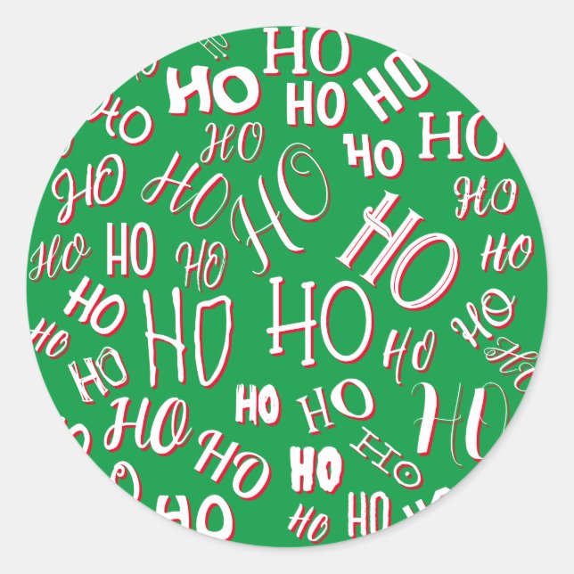 HO HO HO Christmas text pattern white green red Classic Round Sticker (Front)