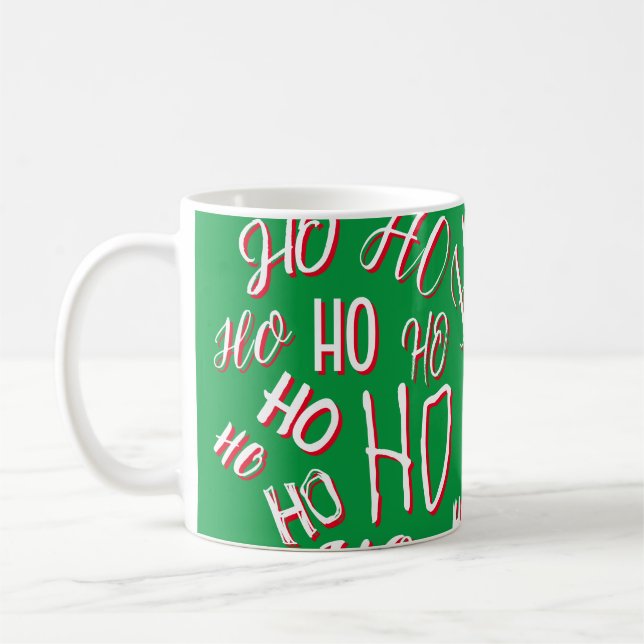 HO HO HO Christmas text pattern white green red Coffee Mug (Left)