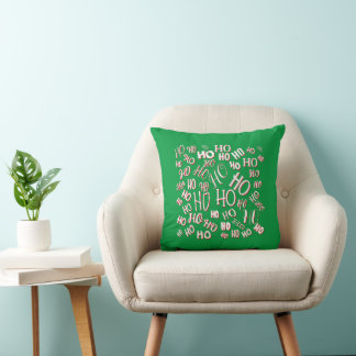 HO HO HO Christmas text pattern white green red Cushion