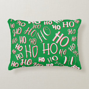 HO HO HO Christmas text pattern white green red Decorative Cushion