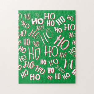 HO HO HO Christmas text pattern white green red Jigsaw Puzzle