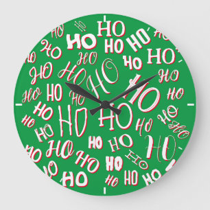 HO HO HO Christmas text pattern white green red Large Clock
