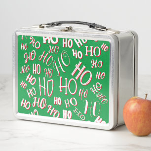 HO HO HO Christmas text pattern white green red  Metal Lunch Box