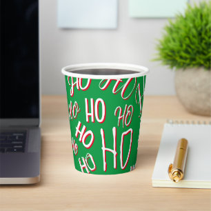 HO HO HO Christmas text pattern white green red Paper Cups