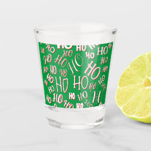 HO HO HO Christmas text pattern white green red Shot Glass