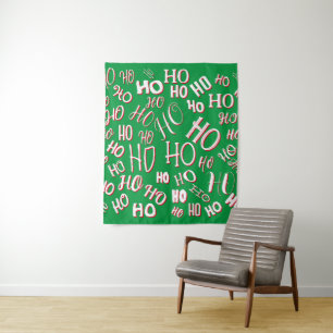 HO HO HO Christmas text pattern white green red Tapestry
