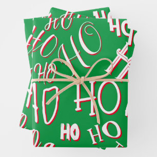 HO HO HO Christmas text pattern white green red Wrapping Paper Sheet