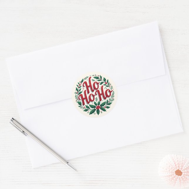 Ho Ho Ho Christmas Wreath Typography Design Classic Round Sticker (Envelope)