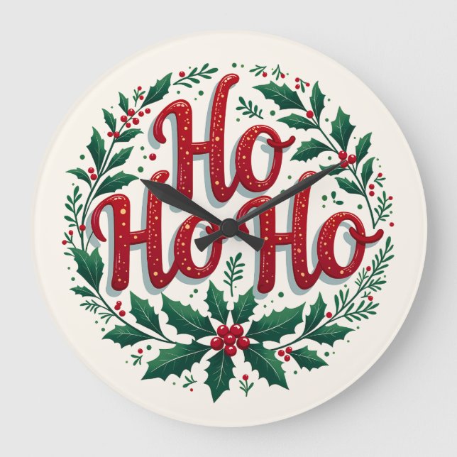 Ho Ho Ho Christmas Wreath Typography Design Large Clock (Front)