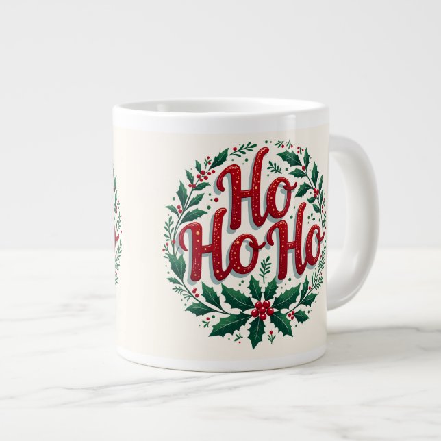 Ho Ho Ho Christmas Wreath Typography Design Large Coffee Mug (Front Right)