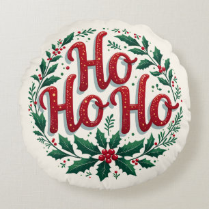 Ho Ho Ho Christmas Wreath Typography Design Round Cushion