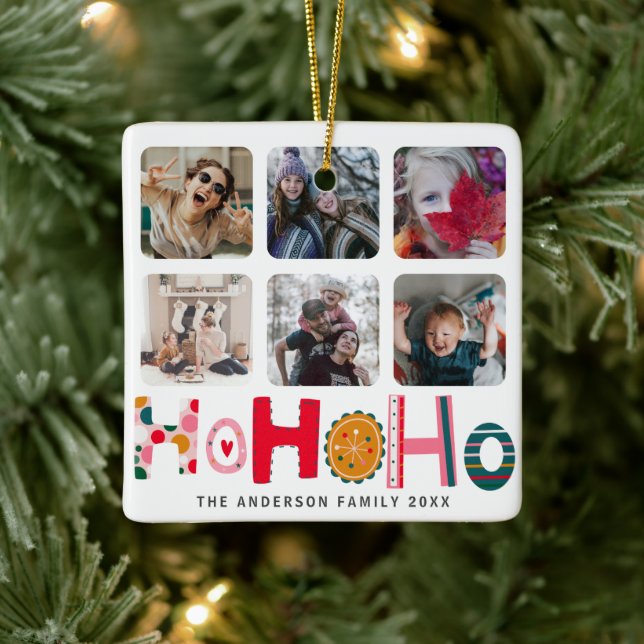 Ho Ho Ho Colourful 6 Photo Christmas Ceramic Ornament (Tree)