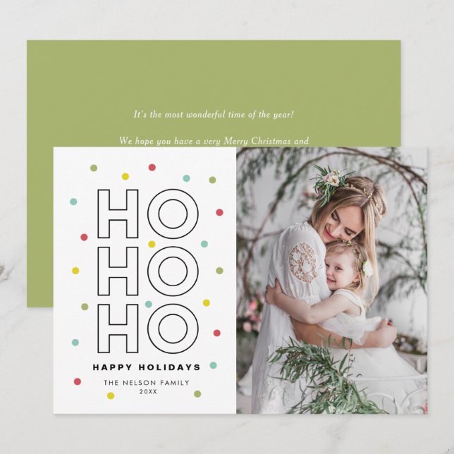 HO HO HO Colourful Pastel Confetti Dots Photo Holiday Card (Front/Back)
