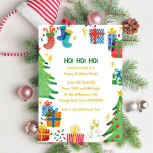 Ho Ho Ho Colourful Watercolor Frame Holiday Party  Invitation