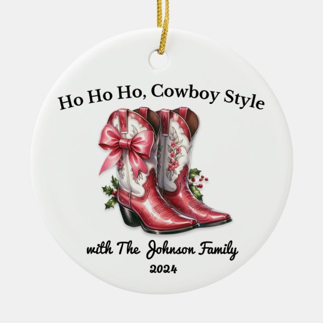 Ho Ho Ho, Cowboy Style Ceramic Tree Decoration (Front)