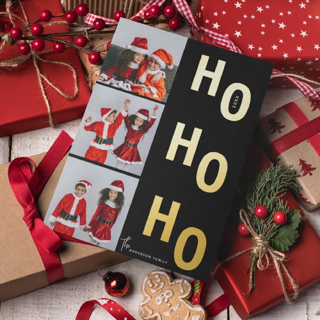 Ho Ho Ho Custom 3 Photo Collage Christmas Foil Holiday Card (Creator Uploaded)
