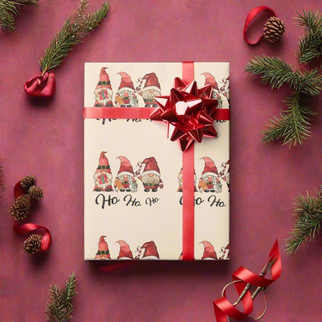 Ho Ho Ho ! Cute Nordic Gnomes Christmas Red & Pink Wrapping Paper (Creator Uploaded)