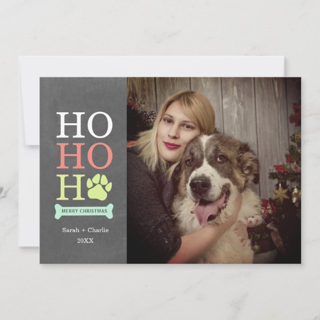 Ho Ho Ho Dog Paw Print Christmas Photo Holiday Card (Front)