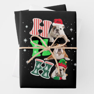 Ho Ho Ho English Bulldog Santa Reindeer Christmas  Wrapping Paper Sheet