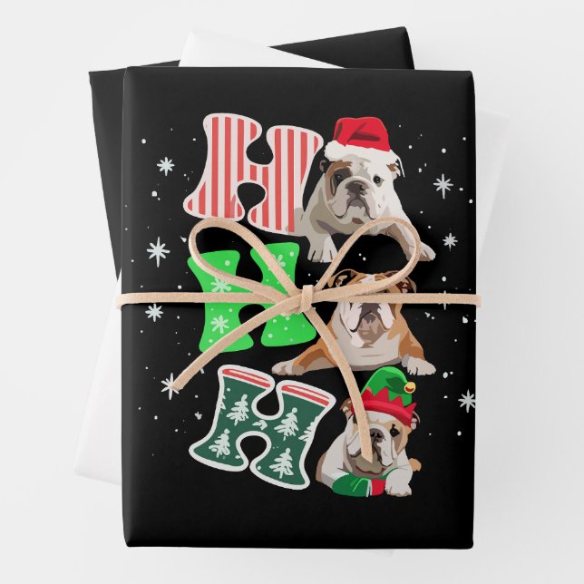 Ho Ho Ho English Bulldog Santa Reindeer Christmas  Wrapping Paper Sheet (In situ)