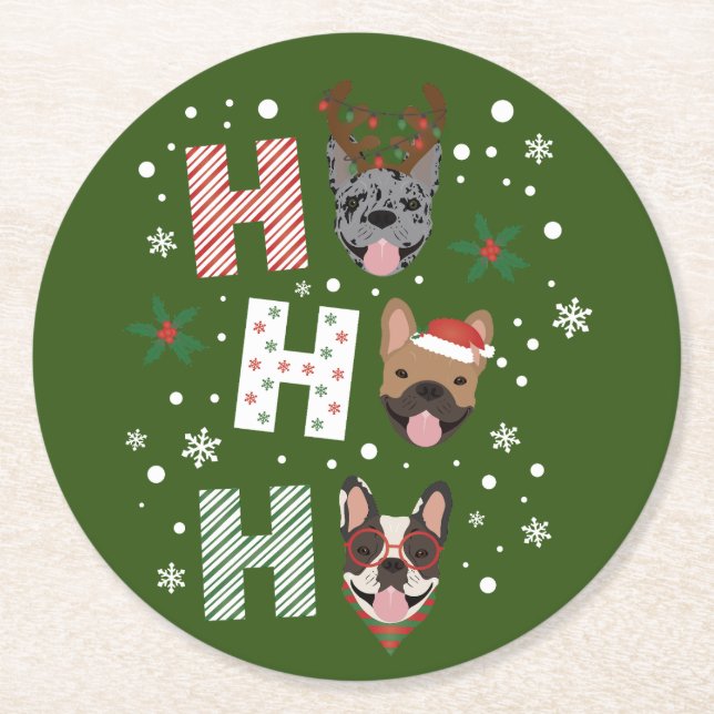Ho Ho Ho French Bulldog Merry Christmas Round Paper Coaster (Front)