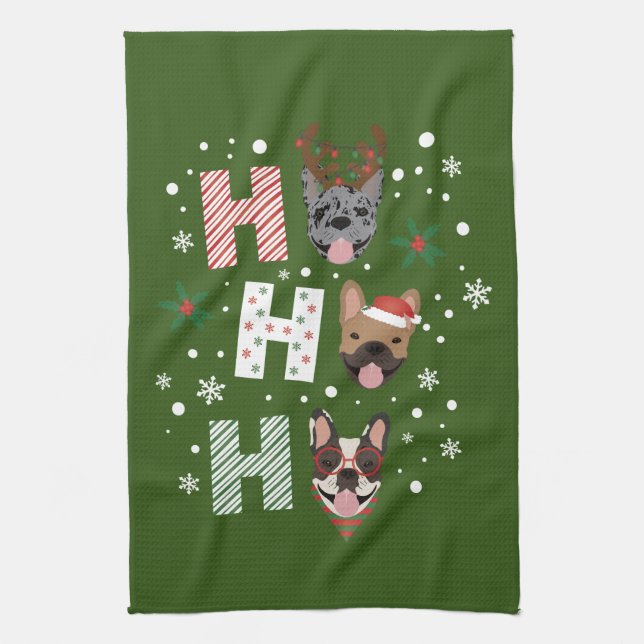 Ho Ho Ho French Bulldog Merry Christmas Tea Towel (Vertical)
