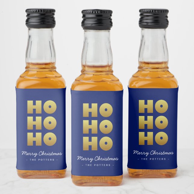 Ho Ho Ho | Fun Christmas Blue & Gold Liquor Bottle Label (Bottles)