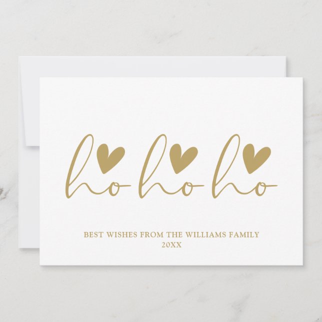 Ho Ho Ho Gold Script Hearts Christmas Holiday Card (Front)