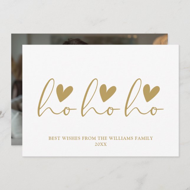 Ho Ho Ho Gold Script Hearts Photo Christmas Holiday Card (Front/Back)