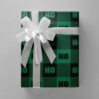 Ho Ho Ho Green Black Chic Christmas Buffalo Plaid Wrapping Paper