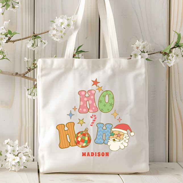 Ho Ho Ho Groovy Merry Christmas Personanlized Name Tote Bag (Creator Uploaded)