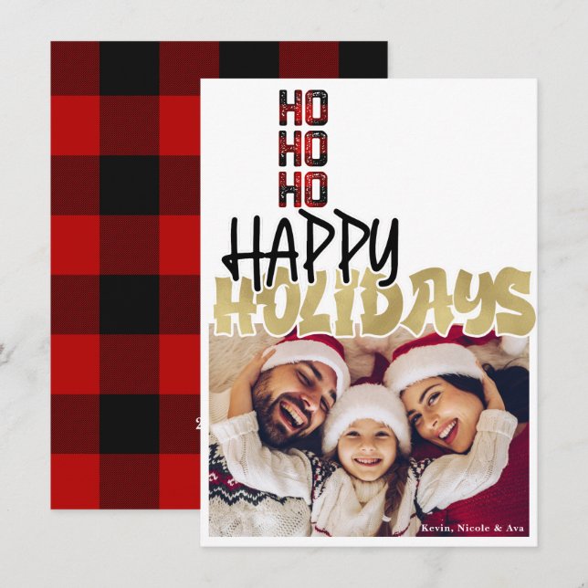 HO HO HO Grunge Holiday Gold Christmas Photo Card (Front/Back)