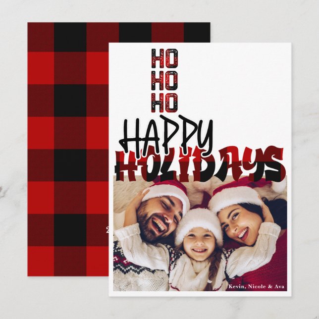 HO HO HO Grunge Plaid Holiday Christmas Photo Card (Front/Back)