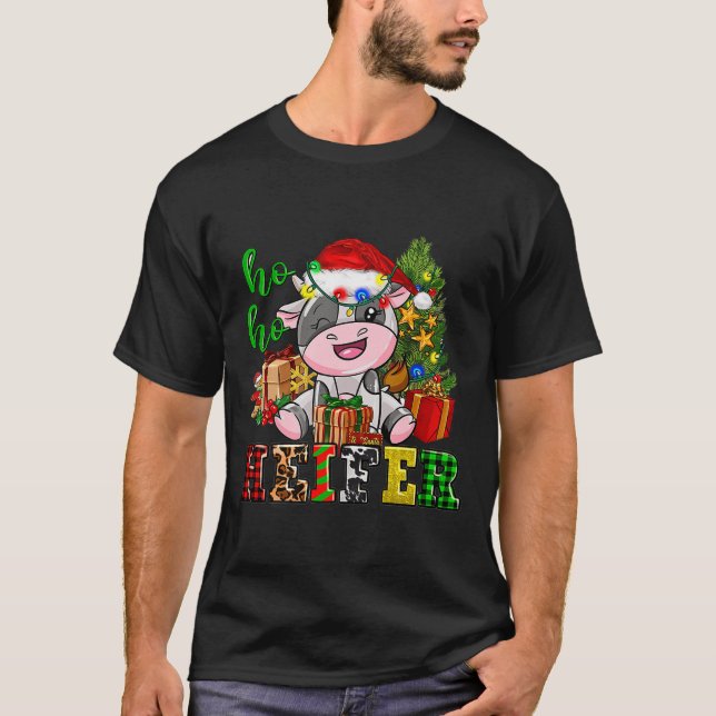 Ho Ho Ho Heifer Christmas Cow Santa Hat Farm Life  T-Shirt (Front)