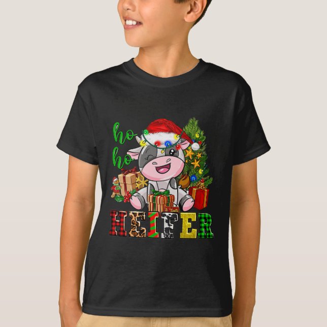 Ho Ho Ho Heifer Christmas Cow Santa Hat Farm Life  T-Shirt (Front)