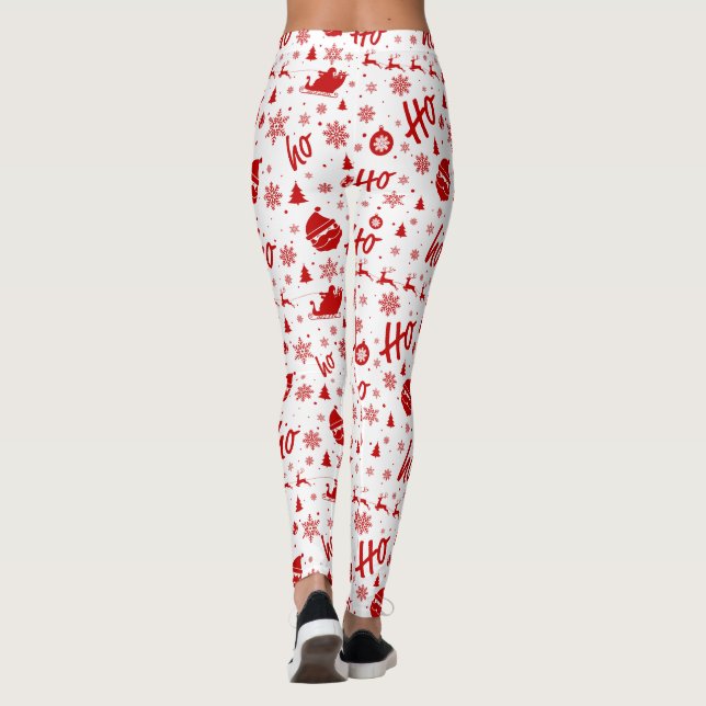 Ho Ho Ho Ho White & Red Christmas Pattern Long Leggings (Back)