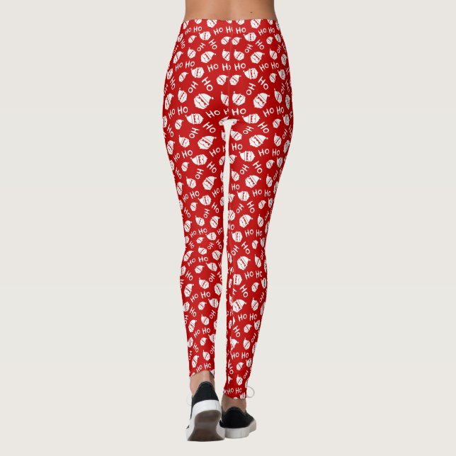 Ho Ho Ho Ho White & Red Santa Face Pattern Long Leggings (Back)