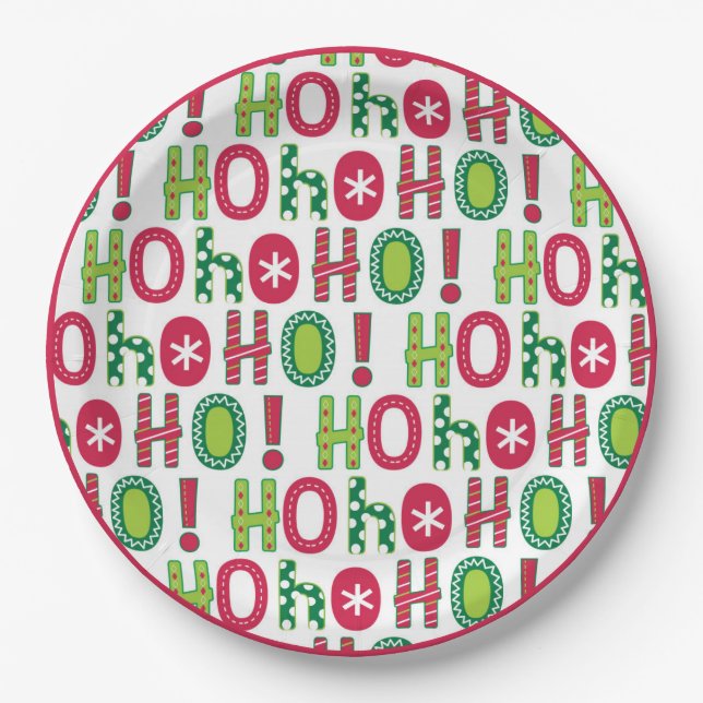 Ho Ho Ho Holiday Festive Red Green Seasonal Modern Paper Plate (Front)