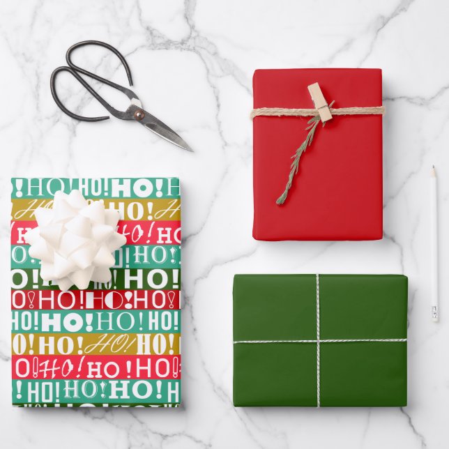 HO! HO! HO! Holiday Wrapping Paper, Red and Green Wrapping Paper Sheet (Front)