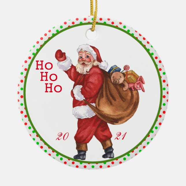 HO HO HO! Jolly Old Santa Claus With Bag of Toys  Ceramic Tree Decoration (Front)