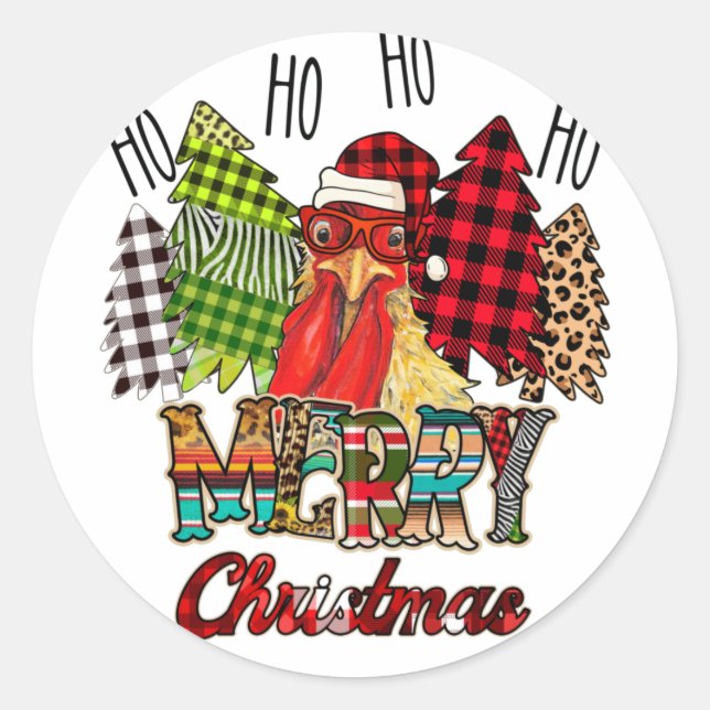 HO HO HO Merry Christmas Chicken Farmer Tree Plaid Classic Round Sticker (Front)