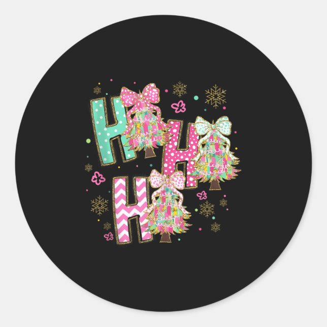 Ho Ho Ho Merry Christmas Coquette Bow Xmas Trees H Classic Round Sticker (Front)