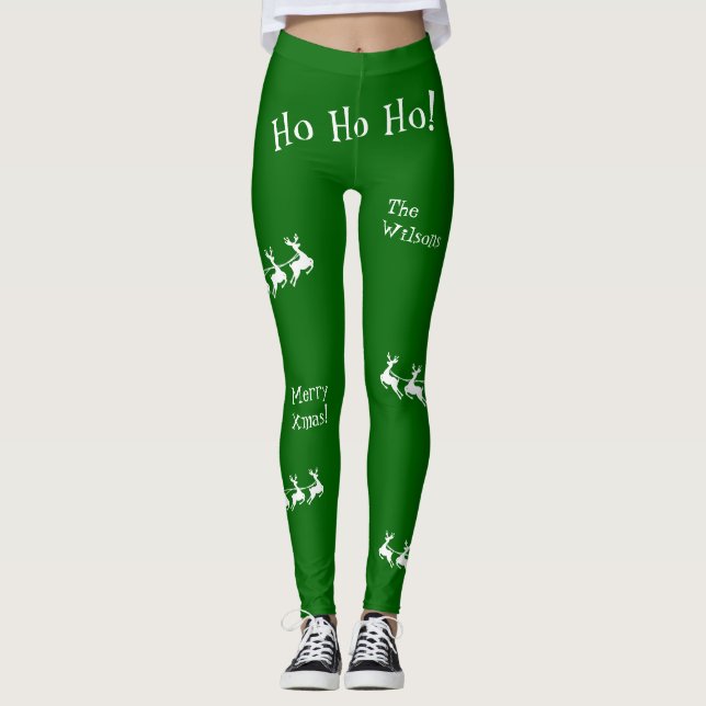 Ho Ho Ho Merry Christmas with Santa, Green Leggings (Front)