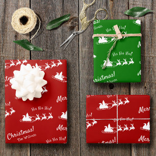 Ho Ho Ho Merry Christmas with Santa, Red and Green Wrapping Paper Sheet